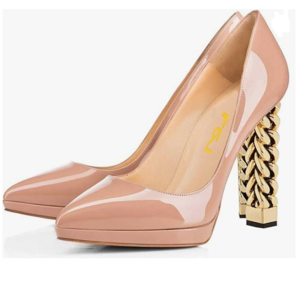 FSJ Nude Platform Gold Metal Chain Chunky High Heel Pointed Toe Prom Pumps - Picture 1 of 8